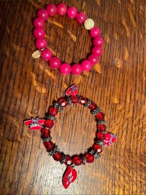Bright Pink Beaded Stretch Bracelet with Gold Pavé Accent - Unbranded